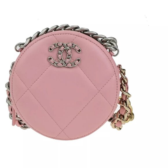 CHANEL CC Logo CHANEL 19 Round Mini Chain Shoulder Bag Leather Pink authentic - Picture 1 of 16